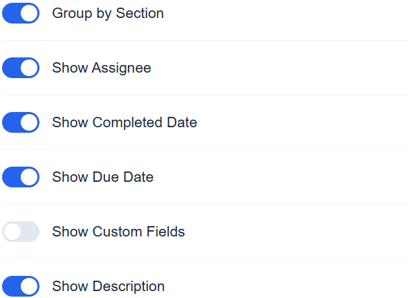 Toggle custom fields in Asana export